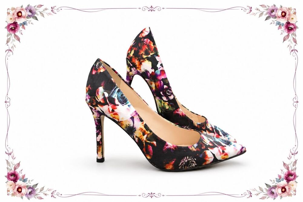 GUESS Babbitta Black Floral Pointed Toe Stiletto Pumps Heels US Size 8.5